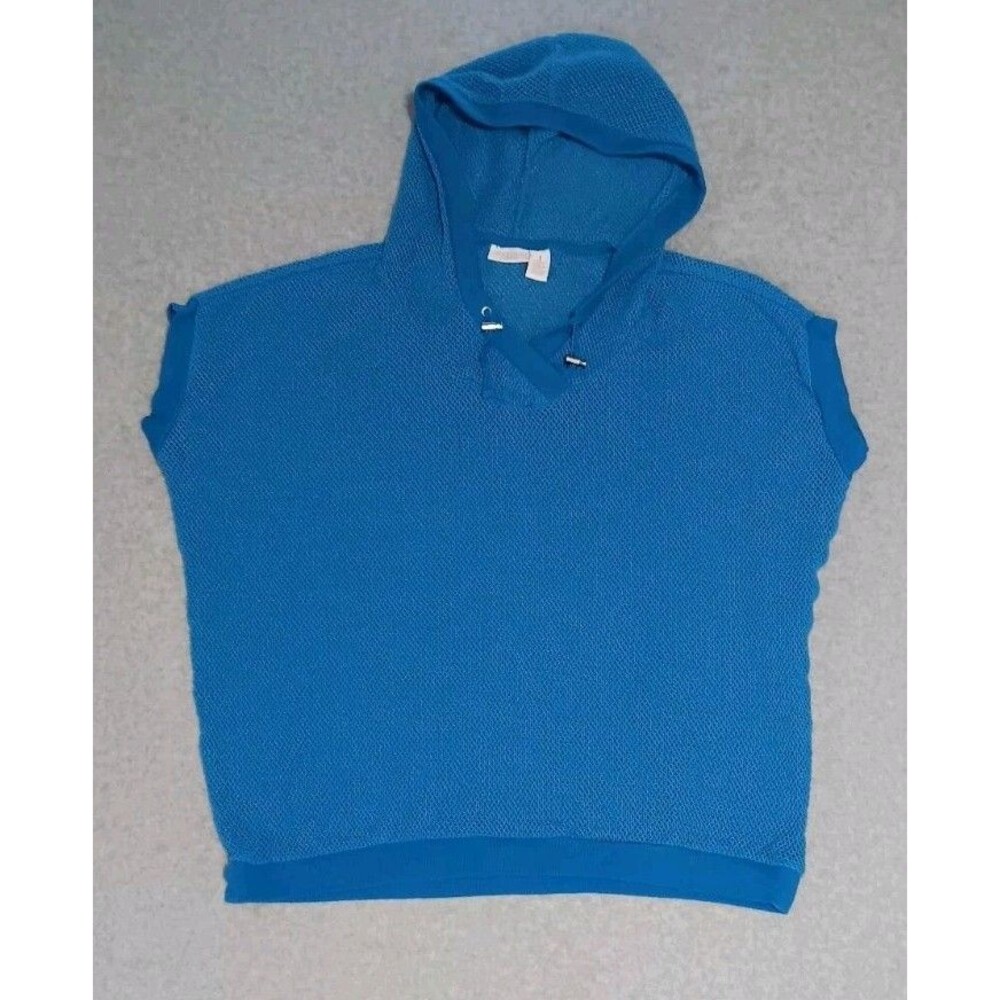 Weekends By Chicos Mesh Swim Cover Womens Size 1 Blue Hooded Short Sleeve...